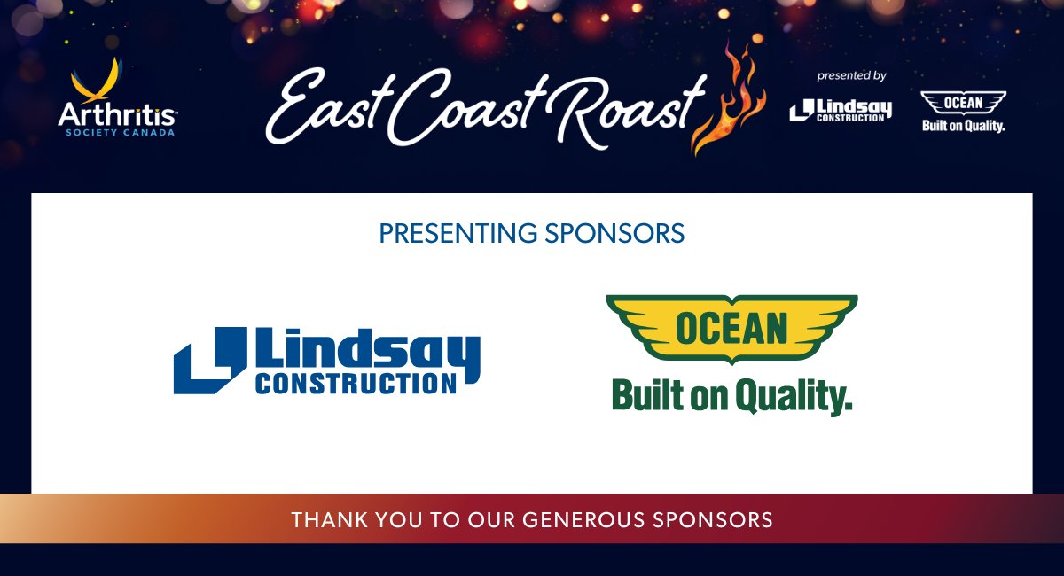 Arthritis Society Canada (@arthritissoc) on Twitter photo Thank you to our incredible presenting sponsors, <a href="/LindsayConstruc/">Lindsay Construction</a> and <a href="/OceanContracto1/">Ocean Contractors Limited</a>, for helping us bring the 31st East Coast Roast to life! Your support helps raise funds for arthritis research and programs like Camp JoinTogether. See you on April 26! #EastCoastRoast Thank you to our incredible presenting sponsors, <a href="/LindsayConstruc/">Lindsay Construction</a> and <a href="/OceanContracto1/">Ocean Contractors Limited</a>, for helping us bring the 31st East Coast Roast to life! Your support helps raise funds for arthritis research and programs like Camp JoinTogether. See you on April 26! #EastCoastRoast