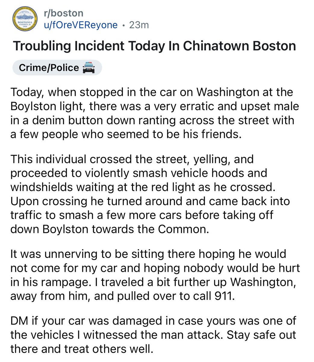 AntiWuCoalition's tweet image. NEW: A man went on a violent rampage in Chinatown today, smashing windshields and car hoods near Boylston & Washington, according to Reddit
He yelled while weaving through traffic as stunned drivers called 911.
Residents say this chaos has become routine under Boston @MayorWu