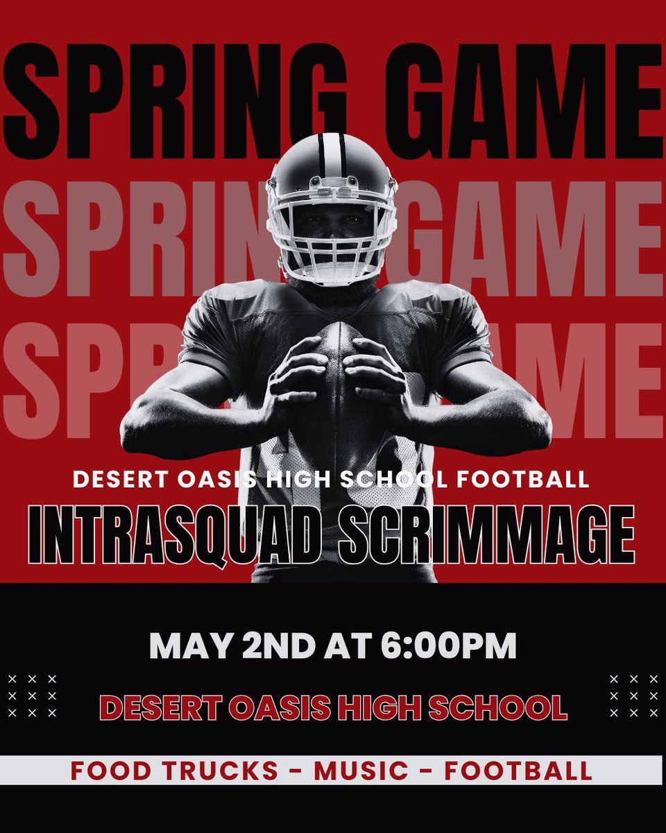 Desert Oasis HS Football (@dohs_football) on Twitter photo Our spring game is in one week! Come out and see the team in action! We will have food trucks, music, and football!
<a href="/Coach_Rosdahl/">Coach Rosdahl</a> <a href="/YanceyBoomin/">Bryan Yancey</a> <a href="/bharton20/">Brandon Harton</a> <a href="/DOHSAthletics/">DOHS Athletics</a>
#DOHS #Diamondbacks #wearedo #relentlesspursuit #SpringFootball #springgame #highschoolfootball Our spring game is in one week! Come out and see the team in action! We will have food trucks, music, and football!
<a href="/Coach_Rosdahl/">Coach Rosdahl</a> <a href="/YanceyBoomin/">Bryan Yancey</a> <a href="/bharton20/">Brandon Harton</a> <a href="/DOHSAthletics/">DOHS Athletics</a>
#DOHS #Diamondbacks #wearedo #relentlesspursuit #SpringFootball #springgame #highschoolfootball
