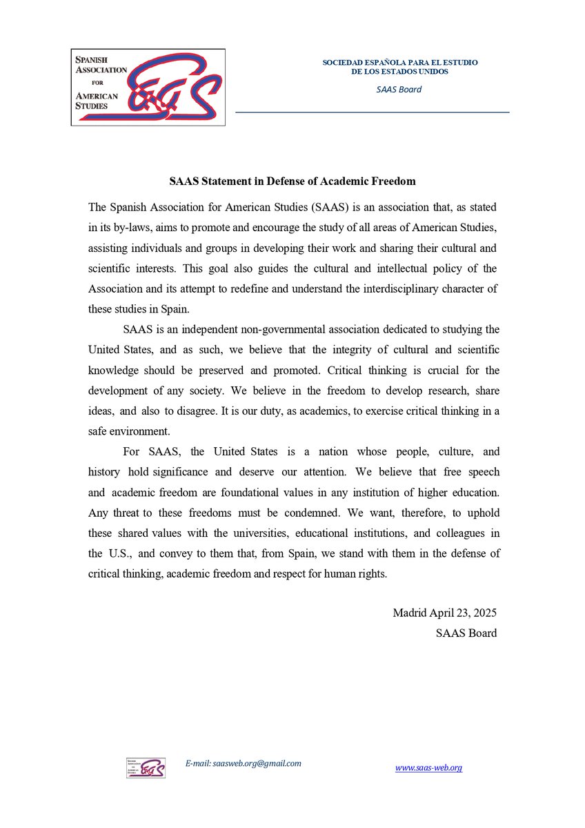 The board of SAAS has written a Statement in Defense of Academic freedom in the U.S. It is avaible on our website: saas-web.org