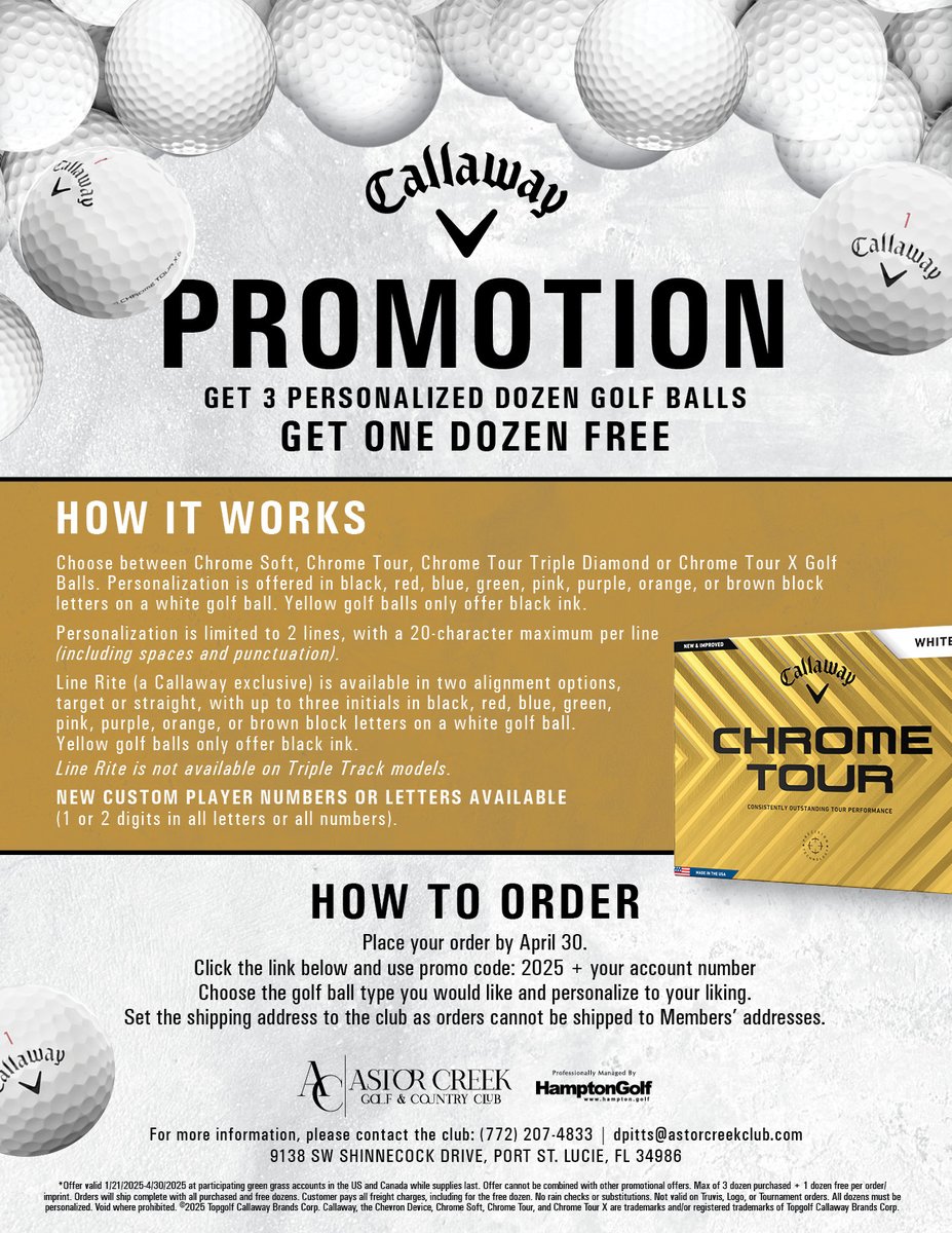 Buy 3 personalized dozen golf balls, get one dozen FREE!

Full Details &amp; How to Order: bit.ly/4cvE75z

𝐏𝐥𝐚𝐜𝐞 𝐲𝐨𝐮𝐫 𝐨𝐫𝐝𝐞𝐫 𝐛𝐲 𝐀𝐩𝐫𝐢𝐥 𝟑𝟎: bit.ly/4luzpsT

For more information, please contact the club: (772) 207-4833 | dpitts@astorcreekclub.com