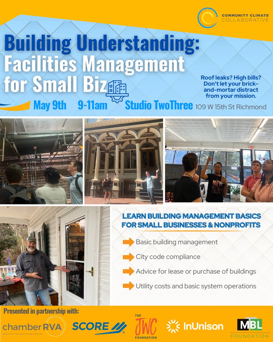 SCORE RICHMOND IS PARTNERING TO OFFER THIS VALUABLE TOPIC: FACILITY MANAGEMENT FOR SMALL BUSINESS OWNERS
Business owners and nonprofit leaders are not building operations experts, yet they end up spending valuable time addressing facility issues, to the detriment of their...