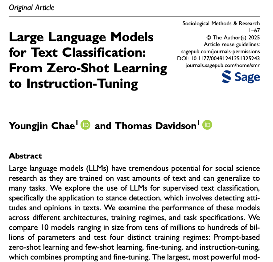 yjin_chae's tweet image. Excited to share a work with @thomasrdavidson on using LLMs for text classification! We experiment with different learning regimes from zero-shot to instruction-tuning, and propose instruction-tuning as a new possibility for social scientific inquiries. doi.org/10.1177/004912…