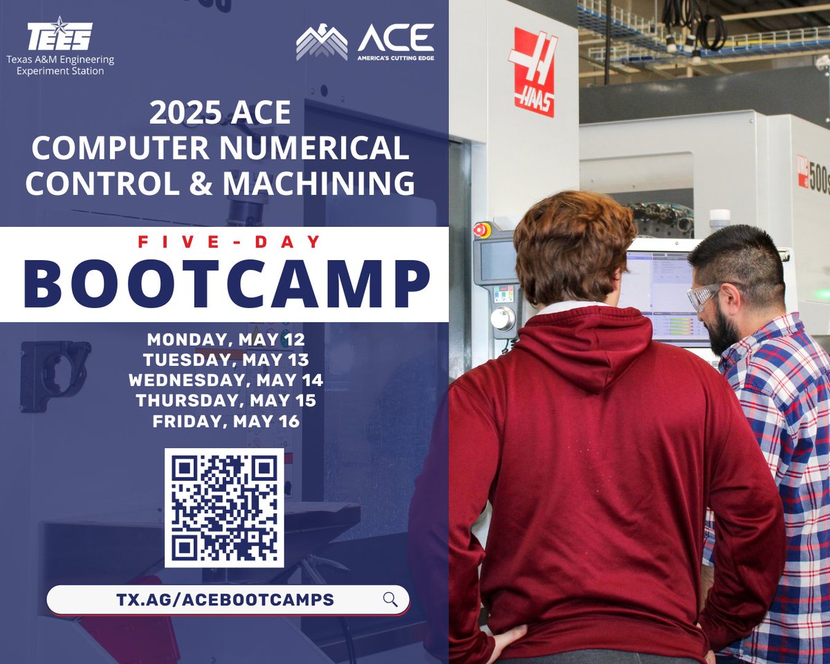 Through ACE, participants receive FREE online and hands-on CNC machining training—no prior experience needed! Whether you're looking for a fresh start or a step forward, ACE has you covered. Sign up now!! 👀 

Learn more: tx.ag/ACEbootcamps