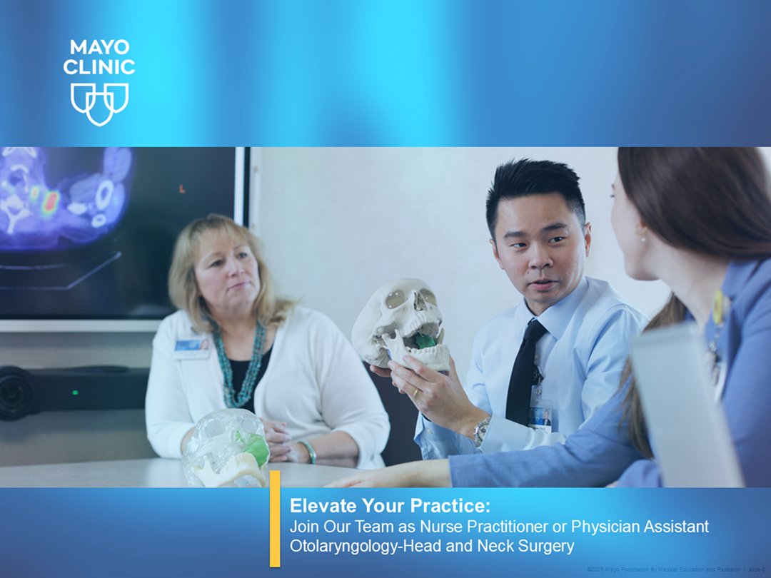 Mayo Clinic ENT (@mayoclinicent) on Twitter photo Nurse Practitioner and Physician Assistant opportunities are available <a href="/MayoClinic/">Mayo Clinic</a>, Otolaryngology-Head and Neck Surgery, #RochesterMN. Join our growing team and collaborate with world renowned surgeons in a supportive and dynamic work environment. bit.ly/ENTnppa Nurse Practitioner and Physician Assistant opportunities are available <a href="/MayoClinic/">Mayo Clinic</a>, Otolaryngology-Head and Neck Surgery, #RochesterMN. Join our growing team and collaborate with world renowned surgeons in a supportive and dynamic work environment. bit.ly/ENTnppa