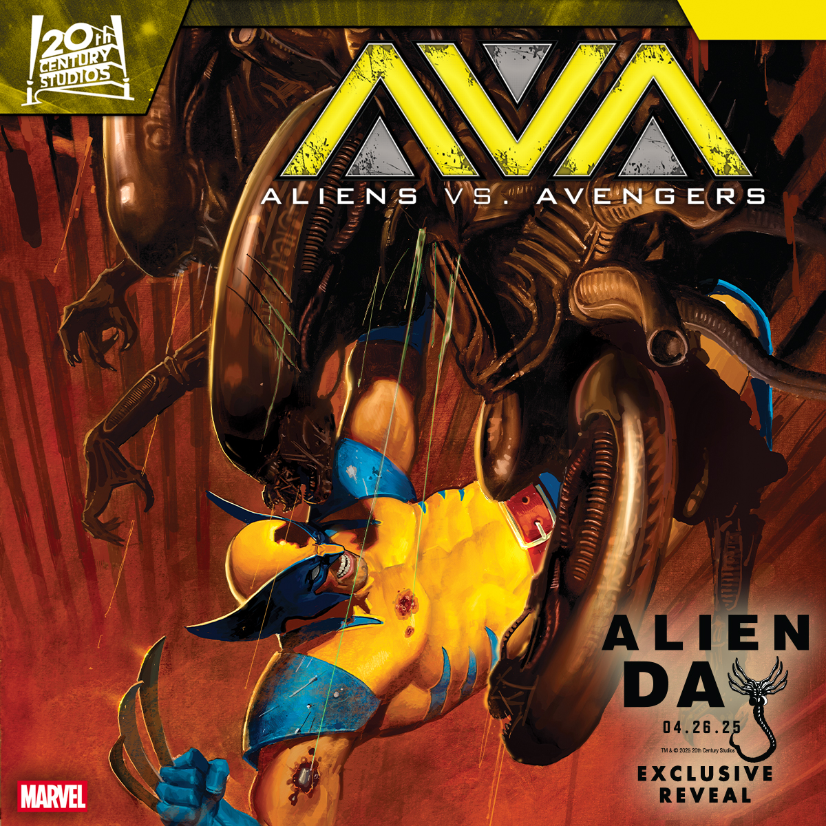 Wolverine faces a fearsome horde of Xenomorphs in this exclusive reveal of the 'Aliens Vs. Avengers' #4 variant cover by E.M. Gist, available in comic shops this June.