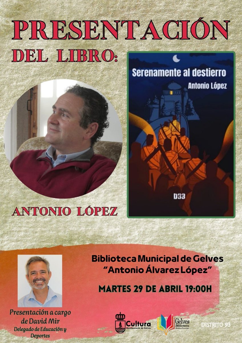 El martes 29, a las 19:00h, tendré el honor de presentar la última novela del escritor Antonio López (Serenamente al destierro). Os esperamos en la biblioteca de Gelves.