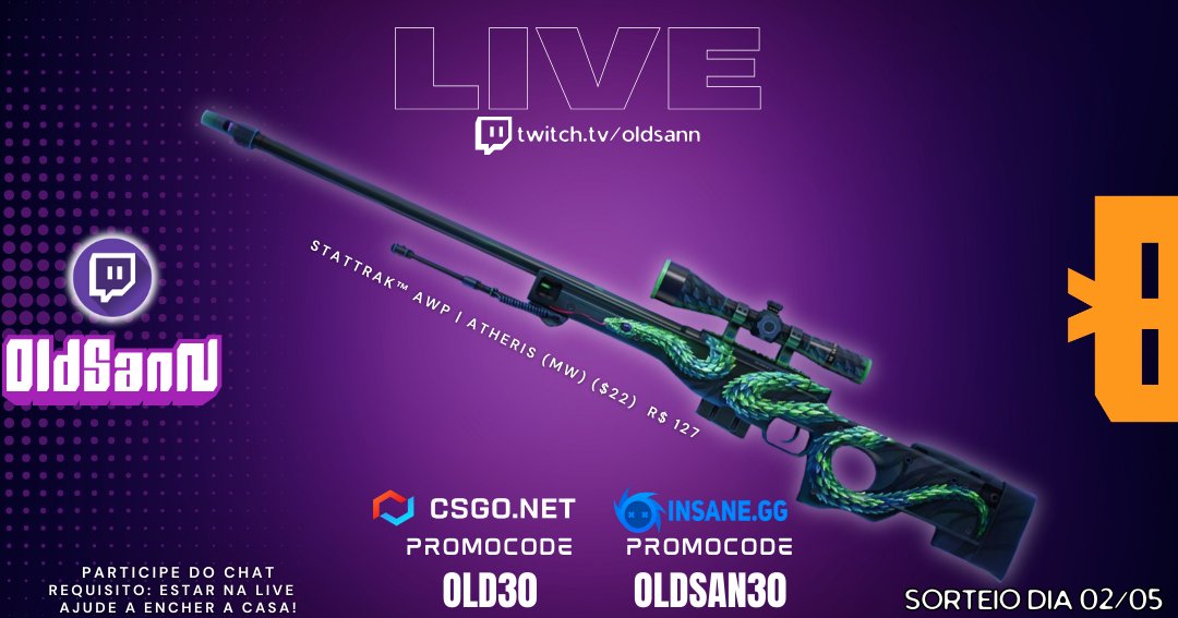 🎯🔥 SORTEIO INSANO NA TWITCH 🔥🎯
📍 twitch.tv/oldsann

💥 StatTrak™ AWP | Atheris (Minimal Wear) $22 (R$126) GRÁTIS! 💥

🎁 Participe aqui:
👉 gleam.io/MNUDD/sorteio-…

📺 Tire dúvidas AO VIVO na live
📩 Fora da live? Digite !sorteio no chat e veja todos os detalhes!

✅