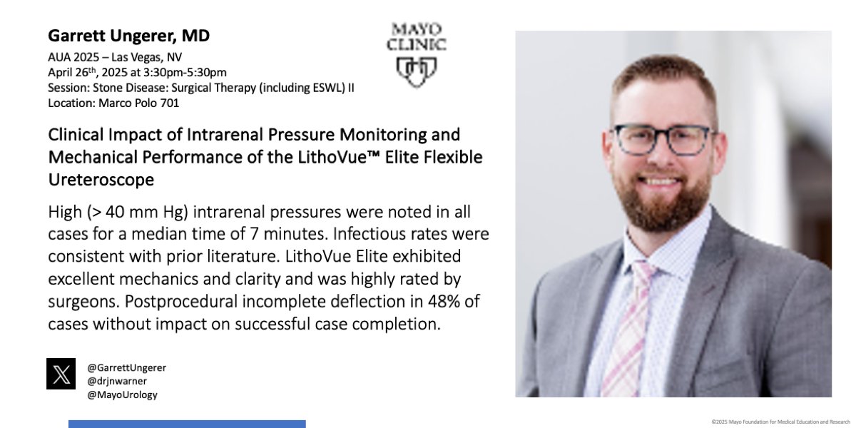 Mayo Clinic Urology (@mayourology) on Twitter photo Saturday at #AUA25, @garrettungerer will present "Clinical Impact of Intrarenal Pressure Monitoring and Mechanical Performance of the LithoVue™ Elite Flexible Ureteroscope" at the 3:30pm poster session.
Marco Polo 701
<a href="/kvnkoo/">Kevin Koo</a> <a href="/drjnwarner/">Jonathan Warner</a> <a href="/AmerUrological/">Amer. Urol. Assn.</a> Saturday at #AUA25, @garrettungerer will present "Clinical Impact of Intrarenal Pressure Monitoring and Mechanical Performance of the LithoVue™ Elite Flexible Ureteroscope" at the 3:30pm poster session.
Marco Polo 701
<a href="/kvnkoo/">Kevin Koo</a> <a href="/drjnwarner/">Jonathan Warner</a> <a href="/AmerUrological/">Amer. Urol. Assn.</a>