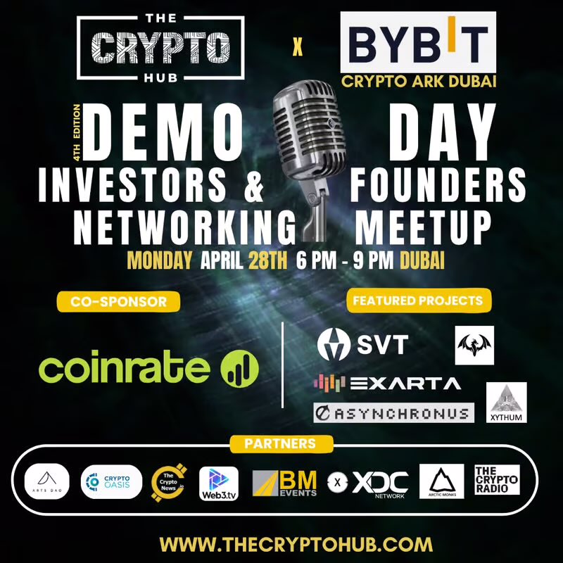 Exarta is coming to the TOKEN2049 Edition of THE CRYPTO HUB (TCH) Demo Day + Investors &amp; Founders Networking Meetup!

Get ready as we head to the Bybit HQ in Dubai to meet with industry leaders and showcase ground breaking innovations

<a href="/thecryptohubcom/">The Crypto Hub</a> <a href="/CoinratePro/">Coinrate.pro</a>