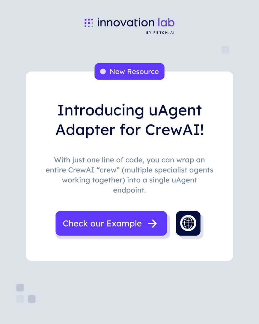 What if <a href="/crewAIInc/">CrewAI</a>'s multi-agent crews and flows can be registered on Agentverse marketplace by <a href="/Fetch_ai/">Fetch.ai</a> and can be discovered globally using ASI:One?

With just one line of code, you can wrap an entire CrewAI “crew” (multiple specialist agents working together) into a single