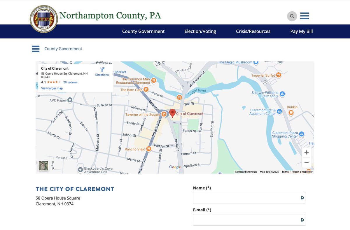 Anyone ever notice that the contact page for Northampton County, PA actually gives you info for the City of Claremont in New Hampshire? 

Weird...maybe <a href="/NorcoExec/">Lamont McClure</a> should fix that...

norcopa.gov/contact-page