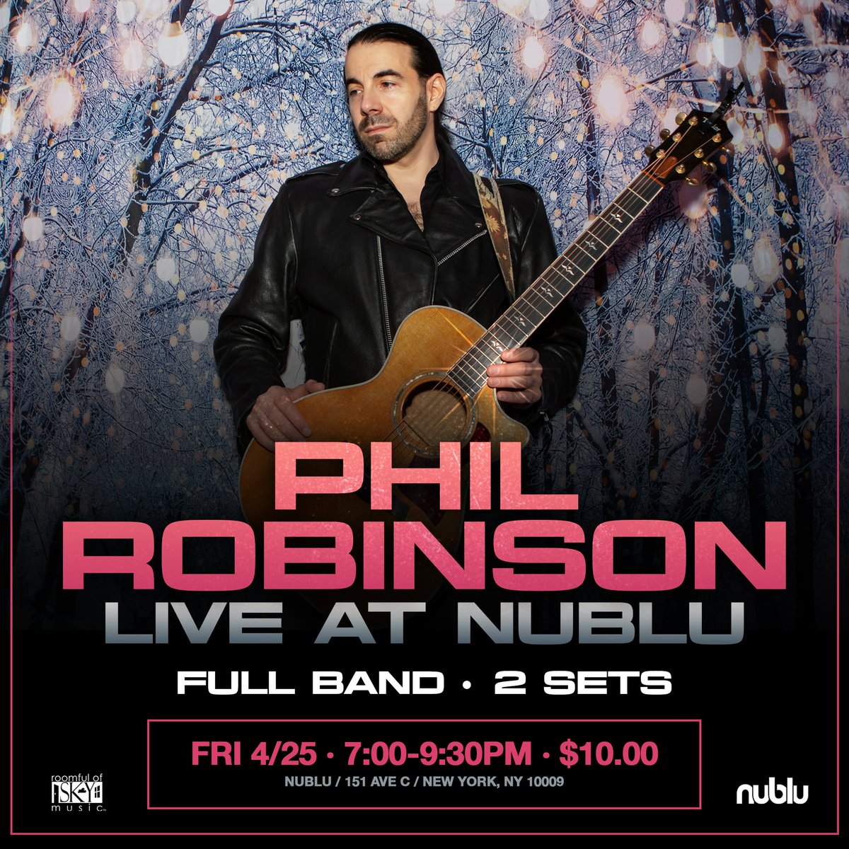 Phil Robinson (@philrobinsonnyc) on Twitter photo TONIGHT!! 💥🎸
Phil Robinson - Live at Nublu
Fri 4/25 - 7:00-9:30pm
Full Band, Two Sets
$10.00
Excited to see you there! #Nublu #livemusic #nyc
<a href="/PhilRobinsonNYC/">Phil Robinson</a> <a href="/nublu/">Nublu</a> <a href="/RoomfulOfSky/">Roomful of Sky Music</a> TONIGHT!! 💥🎸
Phil Robinson - Live at Nublu
Fri 4/25 - 7:00-9:30pm
Full Band, Two Sets
$10.00
Excited to see you there! #Nublu #livemusic #nyc
<a href="/PhilRobinsonNYC/">Phil Robinson</a> <a href="/nublu/">Nublu</a> <a href="/RoomfulOfSky/">Roomful of Sky Music</a>