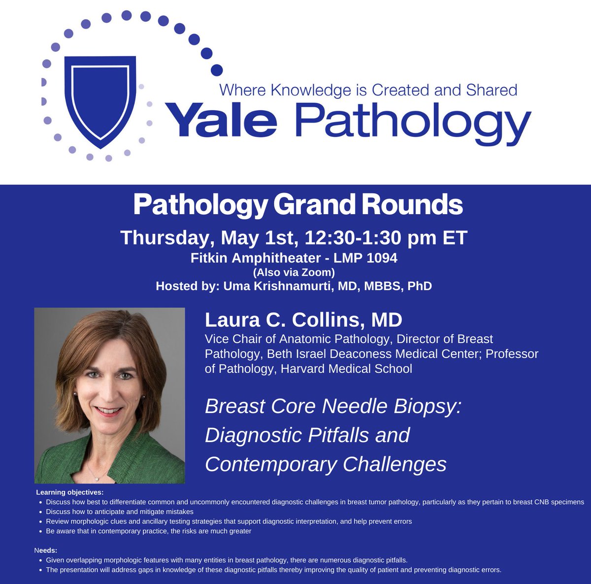 Yale Pathology (@yalepathology) on Twitter photo Join us for #Pathology Grand Rounds on Thursday, May 1 at 12:30 PM ET as Laura C. Collins, MD, Vice Chair, Anatomic Pathology & Director, Breast Pathology @BIDMC & Professor @HarvardMed presents on Breast Core Needle Biopsy. <a href="/YaleMed/">Yale School of Medicine</a> <a href="/YaleCancer/">Yale Cancer Center</a> shorturl.at/FdMz9 Join us for #Pathology Grand Rounds on Thursday, May 1 at 12:30 PM ET as Laura C. Collins, MD, Vice Chair, Anatomic Pathology & Director, Breast Pathology @BIDMC & Professor @HarvardMed presents on Breast Core Needle Biopsy. <a href="/YaleMed/">Yale School of Medicine</a> <a href="/YaleCancer/">Yale Cancer Center</a> shorturl.at/FdMz9