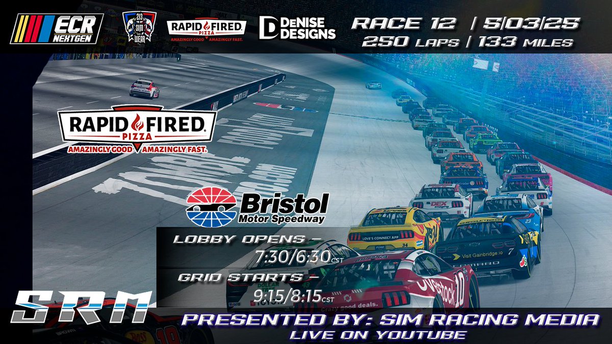 Raceday! Tonight, we head to the last great colosseum <a href="/ItsBristolBaby/">Bristol Motor Speedway</a> for race #12 for the Rapid Fired Pizza 250!

Who will survive and grab the 🏁tune in and find out as <a href="/SimRacingMedia1/">Sim Racing Media</a> calls all the action live on <a href="/YouTube/">YouTube</a> 

Link for tonight's race
youtube.com/live/46sPz6r-O…