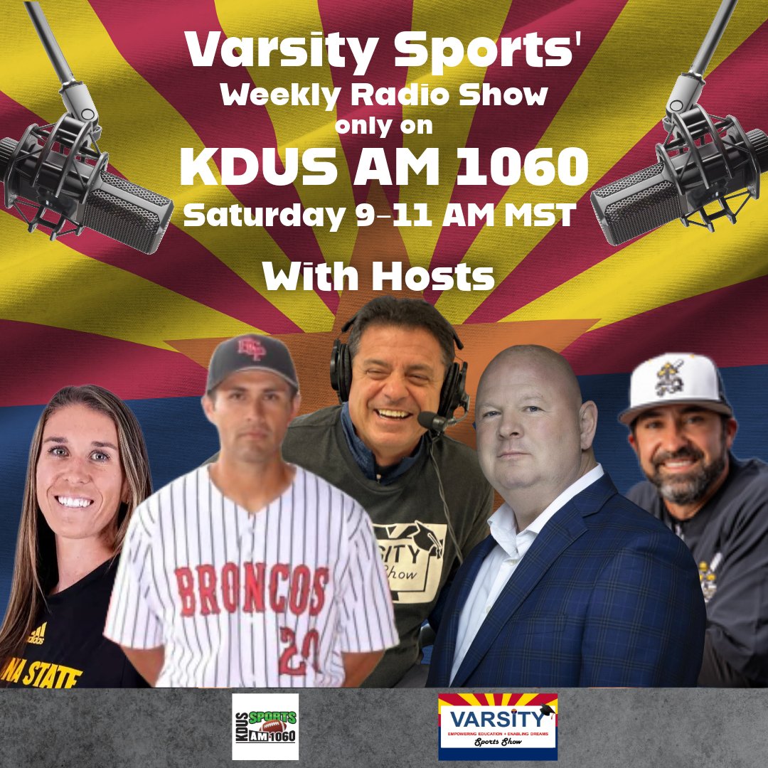 🎙️ LIVE from the NFF Coaching Clinic!
Tune in to this week’s Varsity Sports Show
📻 8–8:45AM on Live365
🎙️ 9–11AM on KDUS AM 1060

Featuring top-tier guests:
⚾ Coach Joe Muecke – Saguaro Baseball
🏉 Coach Sean O’Leary – GCU Rugby
🥍 Coach Taryn Van Thof Puls – ASU WLAX
🥎 Coach