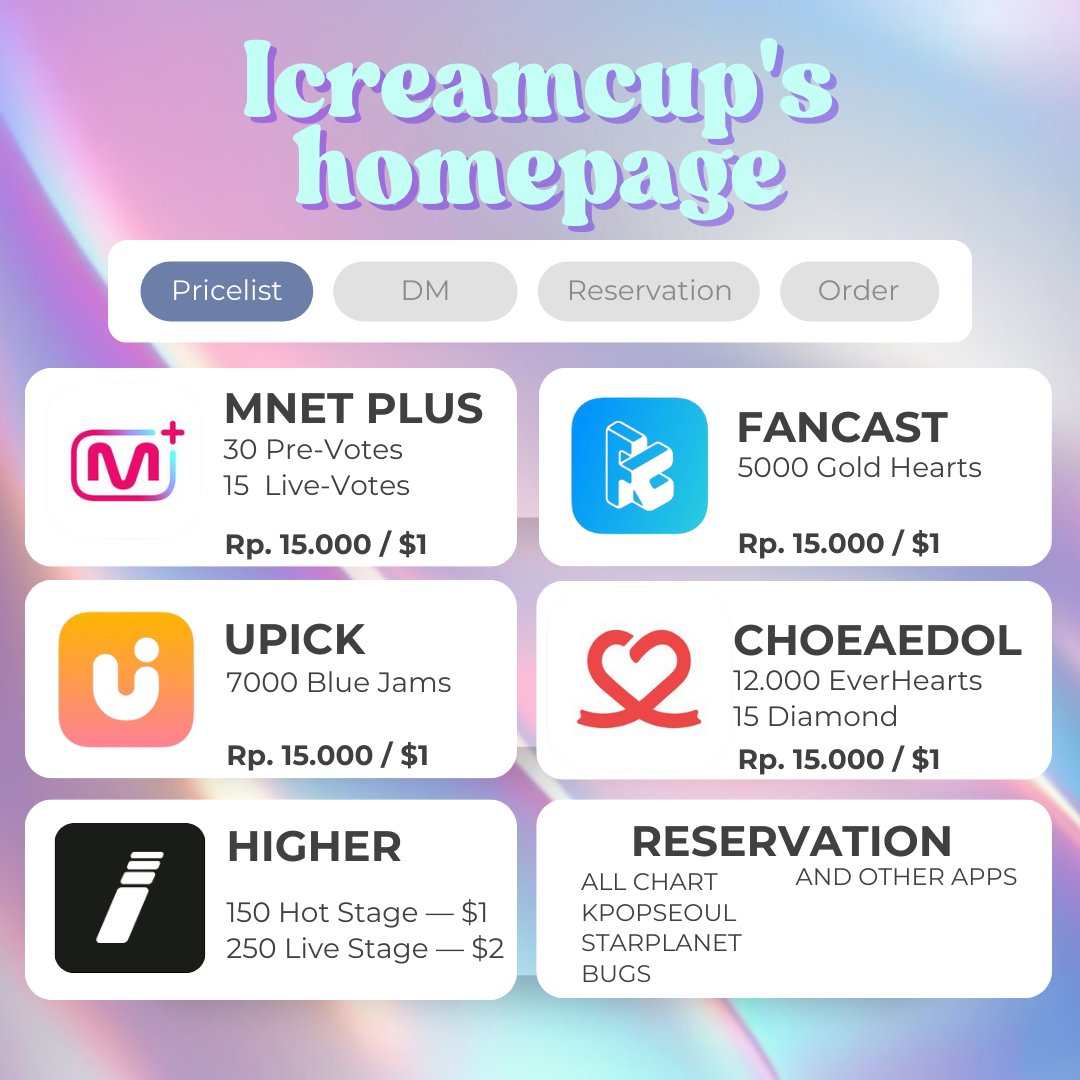 icreamcups's tweet photo. — 𝐈𝐂𝐑𝐄𝐀𝐌𝐂𝐔𝐏'𝐒 𝐏𝐀𝐆𝐄𝐒 ᥫ᭡ˊ˗

📣 AVAILABLE FOR SALE AND RESERVATION 📮

- Podoal
- KDOL
- Mubeat
- IDOKI
- IdolChamp
- MNET+
- My1Pick
- Fancast
- Choeaedol 
- Upick
- Higher
- Giftifan

💸 INA E-Wallet &amp; Bank.
📮 DM to buy / reserve

WTS want to sell vote kpop https://t.co/VTC8KQvtX1