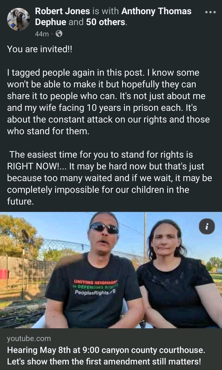 IDAHO

🚨 CALL TO ACTION!
Hearing on May 8, 2025, at 8AM MST at the Canyon County Courthouse.

Hey fam! Please help spread the word and attend if you’re able—your support means everything to my dear friends, Robert and Melanie Jones.

(Continued)