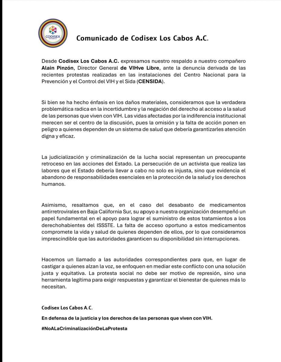 CODISEXLCAC's tweet image. #Comunicado Desde Codisex Los Cabos A. C. respaldamos a @Alainwho ✊🏽 y condenamos la criminalización de la protesta social en defensa de la salud ❤️‍🩹 y los derechos de las personas que viven con VIH 🧬.

#NoALaCriminalizaciónDeLaProtesta #JusticiaVIH