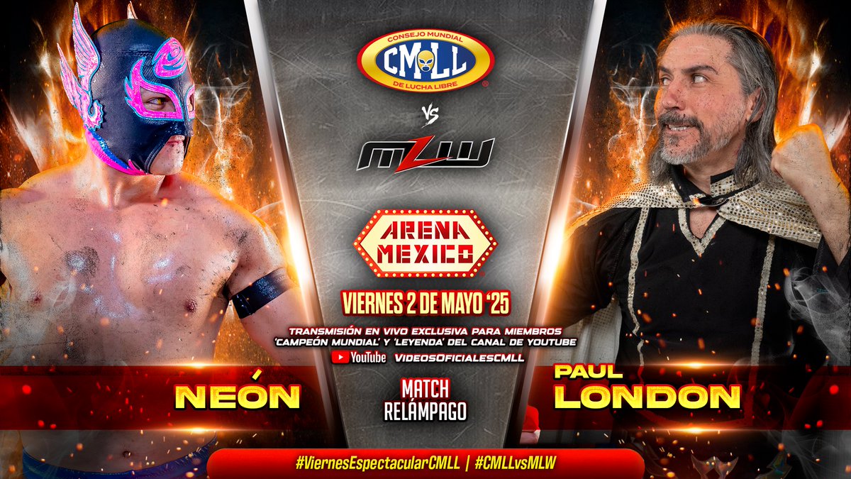 CMLL_OFICIAL's tweet image. Neón y Paul London empataron en un intenso #MatchRelámpago luego de que un el límite de tiempo de 10 minutos los sorprendiera entre múltiples acciones espectaculares.  

#ViernesEspectacularCMLL 
#CMLLvsMLW 
📺 EN VIVO “Campeón Mundial” y “Leyenda”: youtube.com/live/msRGczbsJ…