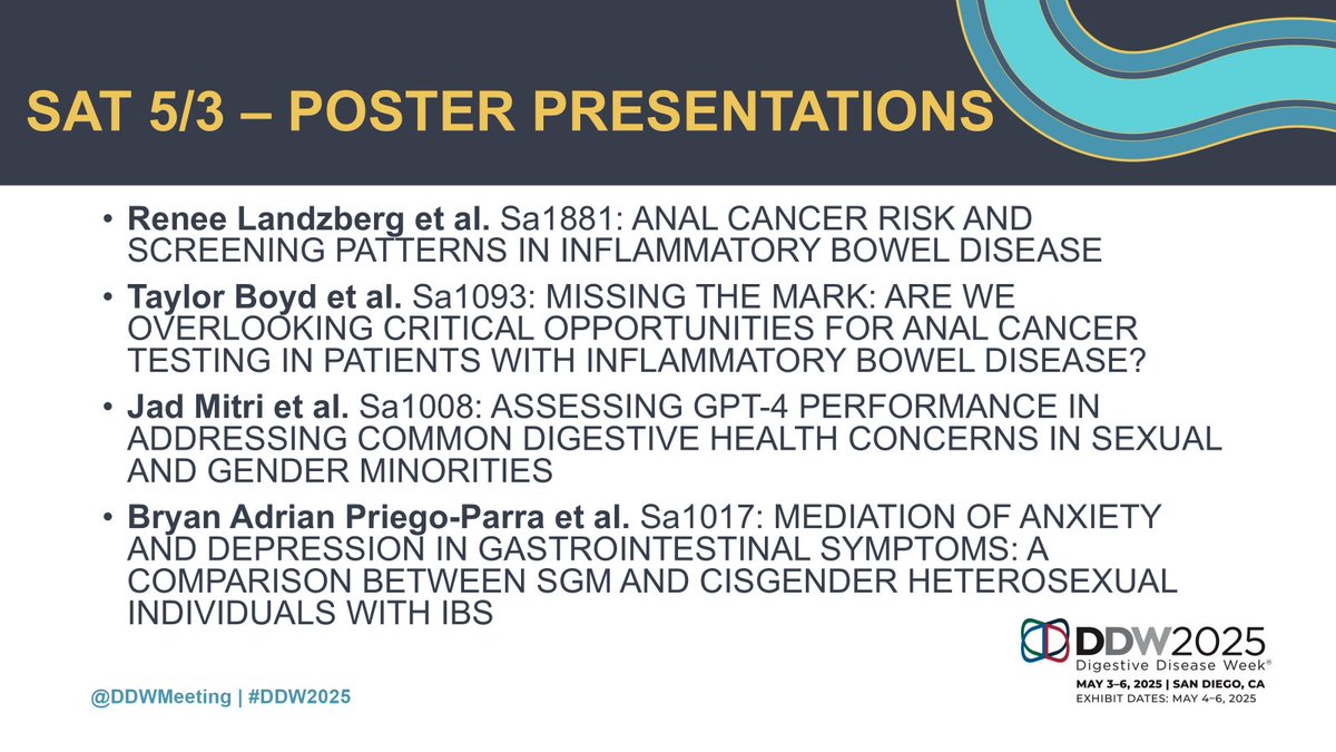 Rainbows in Gastro (@rainbowingastro) on Twitter photo 🌈 Heading to <a href="/DDWMeeting/">Digestive Disease Week</a> ? Don’t miss these 🔥presentations highlighting 🏳️🌈#LGBTQ+ health!
These sessions spotlight #Diversity #Equity and #inclusion. Check them out and support progress in our field!
#GITwitter #LiverTwitter #DDW25 🌈 Heading to <a href="/DDWMeeting/">Digestive Disease Week</a> ? Don’t miss these 🔥presentations highlighting 🏳️🌈#LGBTQ+ health!
These sessions spotlight #Diversity #Equity and #inclusion. Check them out and support progress in our field!
#GITwitter #LiverTwitter #DDW25