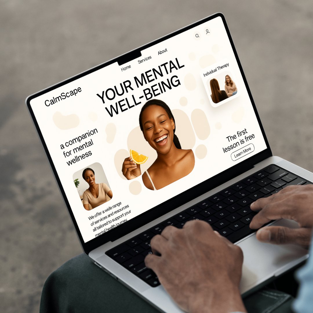 codeforkal's tweet image. Homepage design for CalmCore wellness platform featuring smiling women, bold typography tagline, and a second section detailing services on a light minimal background.