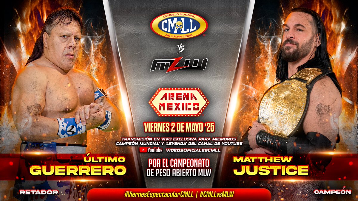 CMLL_OFICIAL's tweet image. ¡Guerrero Special! El Luchador de Otro Nivel, Último Guerrero, ha superado a Matthew Justice con su especialidad para convertirse en el nuevo Campeón de Peso Abierto de MLW. 

#ViernesEspectacularCMLL 
#CMLLvsMLW 
📺 EN VIVO “Campeón Mundial” y “Leyenda”: youtube.com/live/msRGczbsJ…