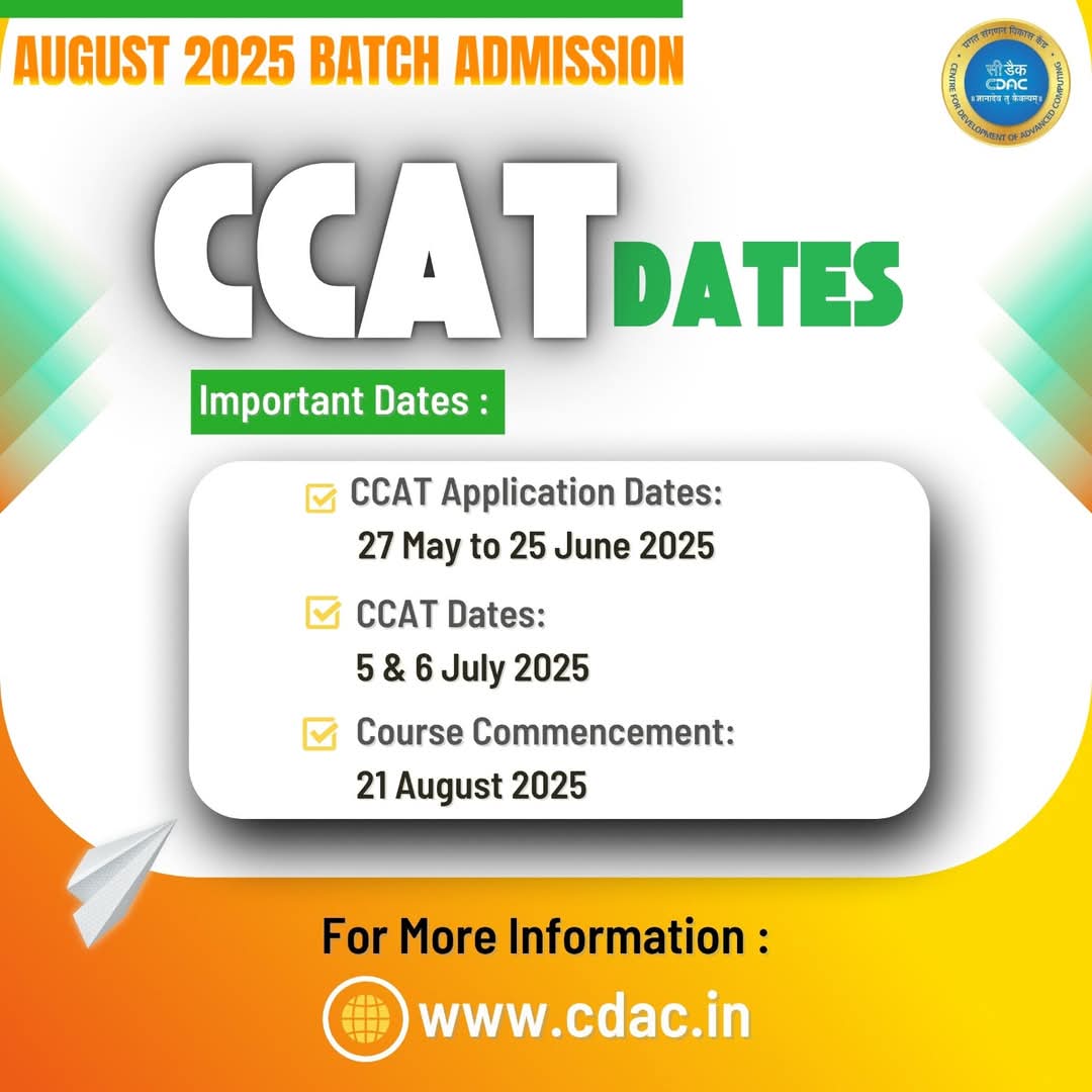 NetcomAtcCdac's tweet photo. C-DAC has announced the important dates for the upcoming August 2025 batch.

Admissions Open –  August 2025 Batch
👉 Register Now for the PG-DAC Entrance Test (C-CAT)
🗓️ Test Dates: 05-06 July 2025

Call for more details at 7665010205, 096492 72709 https://t.co/yKq8BHbTzl. https://t.co/Yf7jaAmJ5p