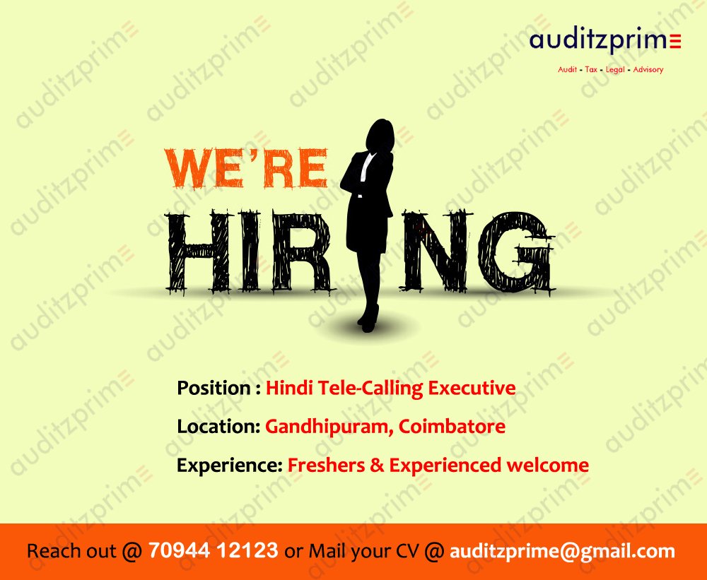 auditzprime's tweet photo. 🌟 WE'RE HIRING! 🌟

📞 Tele-Calling Executives Wanted!
✅ Freshers &amp; Experienced
✅ Attractive Salary + Incentives
✅ Location: Gandhipuram, Coimbatore

👉 Call 76393 88446 / 70944 12123 or
📧 Email your CV : auditzprime@gmail.com

💥 Apply Now! Limited positions available! https://t.co/g59etnTMqA