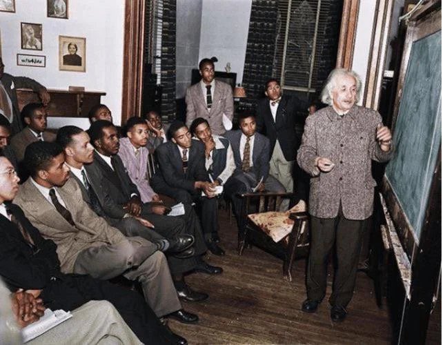 Albert Einstein lecturing students on the theory of relativity at Lincoln University, public historically black university near Oxford, Pennsylvania, 3rd May, 1946.