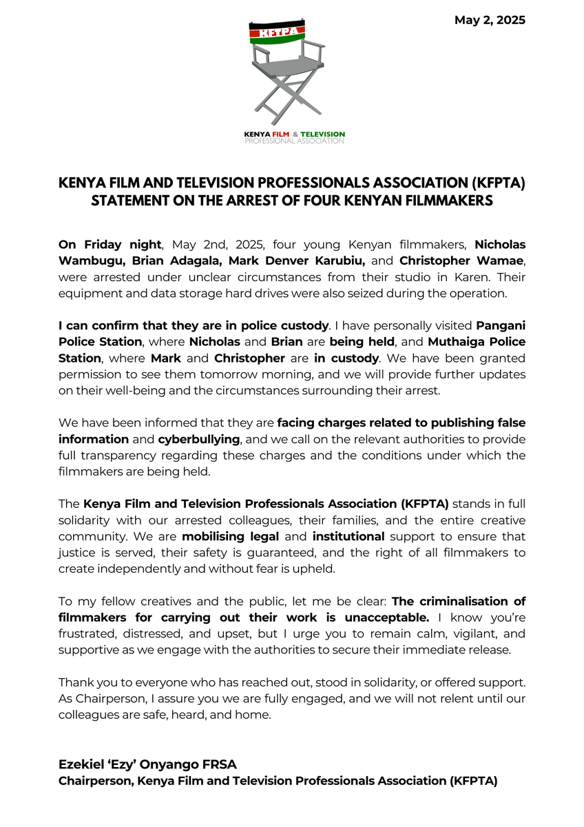 KFTPA's tweet photo. 🎬 Statement on the Arrest of Four Kenyan Filmmakers
On May 2nd, four young Kenyan filmmakers, Nicholas Wambugu, Brian Adagala, Mark Denver Karubiu, and Christopher Wamae were arrested under unclear circumstances, and their equipment seized. https://t.co/JbRAPPtO2c