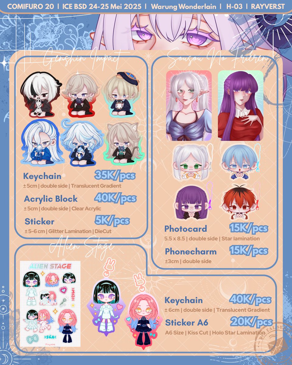 rayverst's tweet photo. [����s + 🔄s are really appreciatedd!]

Hii!! Ray's #CFXX Catalogue is here!

🗓 24 May - 25 May 2025 (Both Days)
📍H-03 | ICE BSD | Hall 8
🌟Genshin, HSR, ALNST, Sousou No Frieren, ZZZ, Original
#CFXXCatalogue #comifuro20 #cf20 https://t.co/PRZ2u8avmB