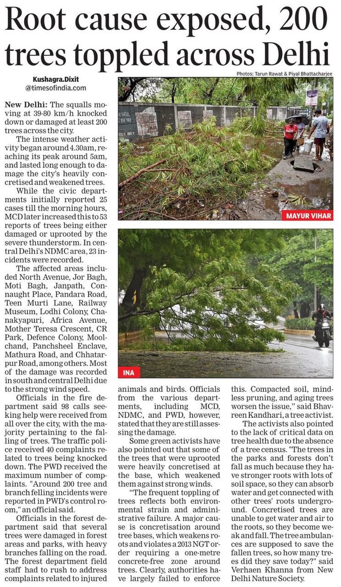 Trees are falling in Delhi storms, not just due to wind, but due to years of neglect. Concretised roots, no tree census &amp; failure to enforce the 2013 NGT order have left our green cover unstable and unprotected. 
Time to treat #Trees as living beings!