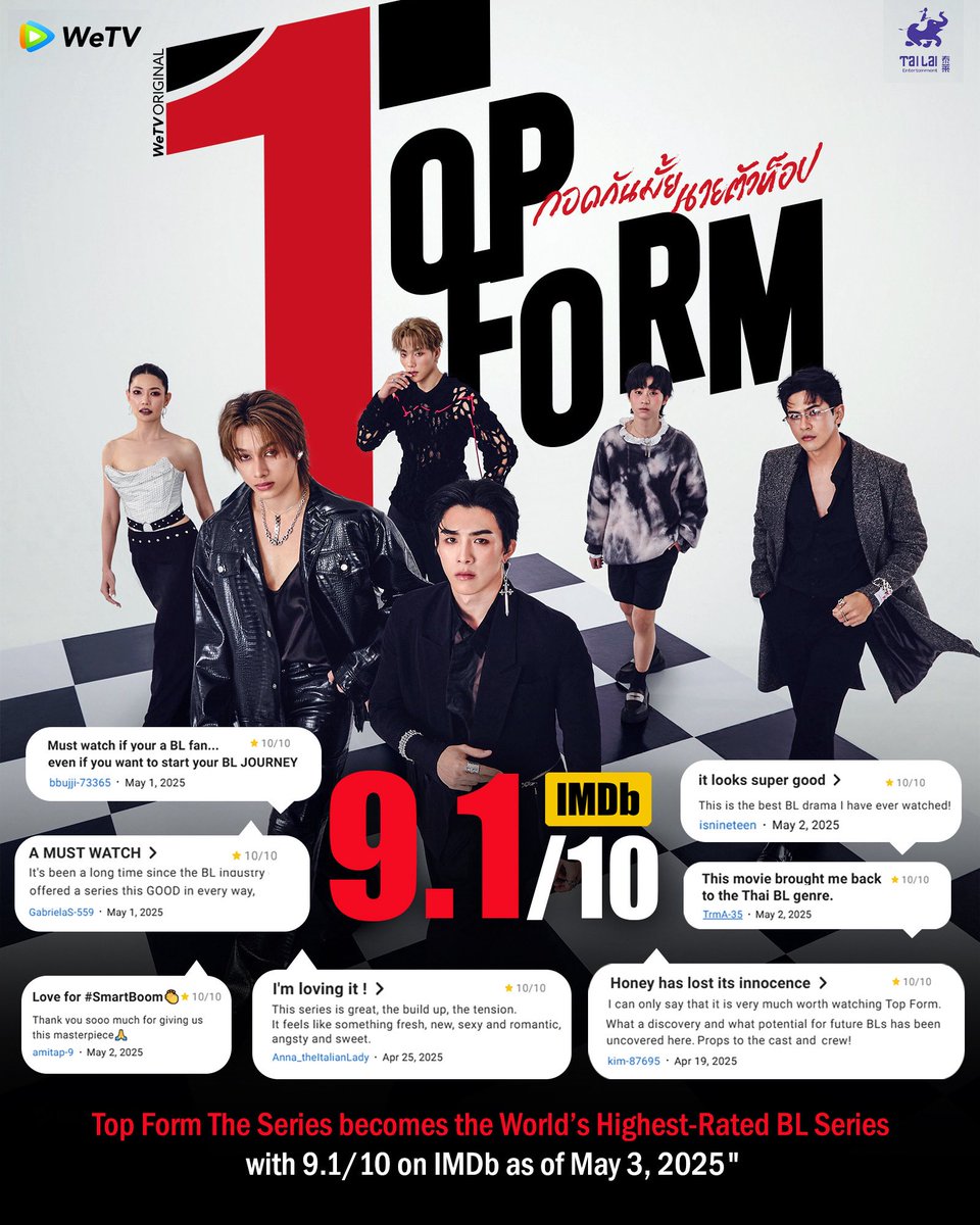 TopFormSeries's tweet image. ซีรีส์ ‘Top Form กอดกันมั้ย นายตัวท็อป’ ได้คะแนนเรตติ้งไปถึง 9.1 บน IMDb. 🎉
ขึ้นแท่นซีรีส์ BL ที่ได้เรตติ้งมากที่สุดในโลกตอนนี้!!

ขอขอบคุณกระแสตอบรับและความรักของแฟนๆ ที่มอบให้กับซีรีส์ นักแสดง และทีมงาน💕

*แหล่งที่มา imdb.com/list/ls5962638…

💖 Top Form กอดกันมั้ย นายตัวท็อป…