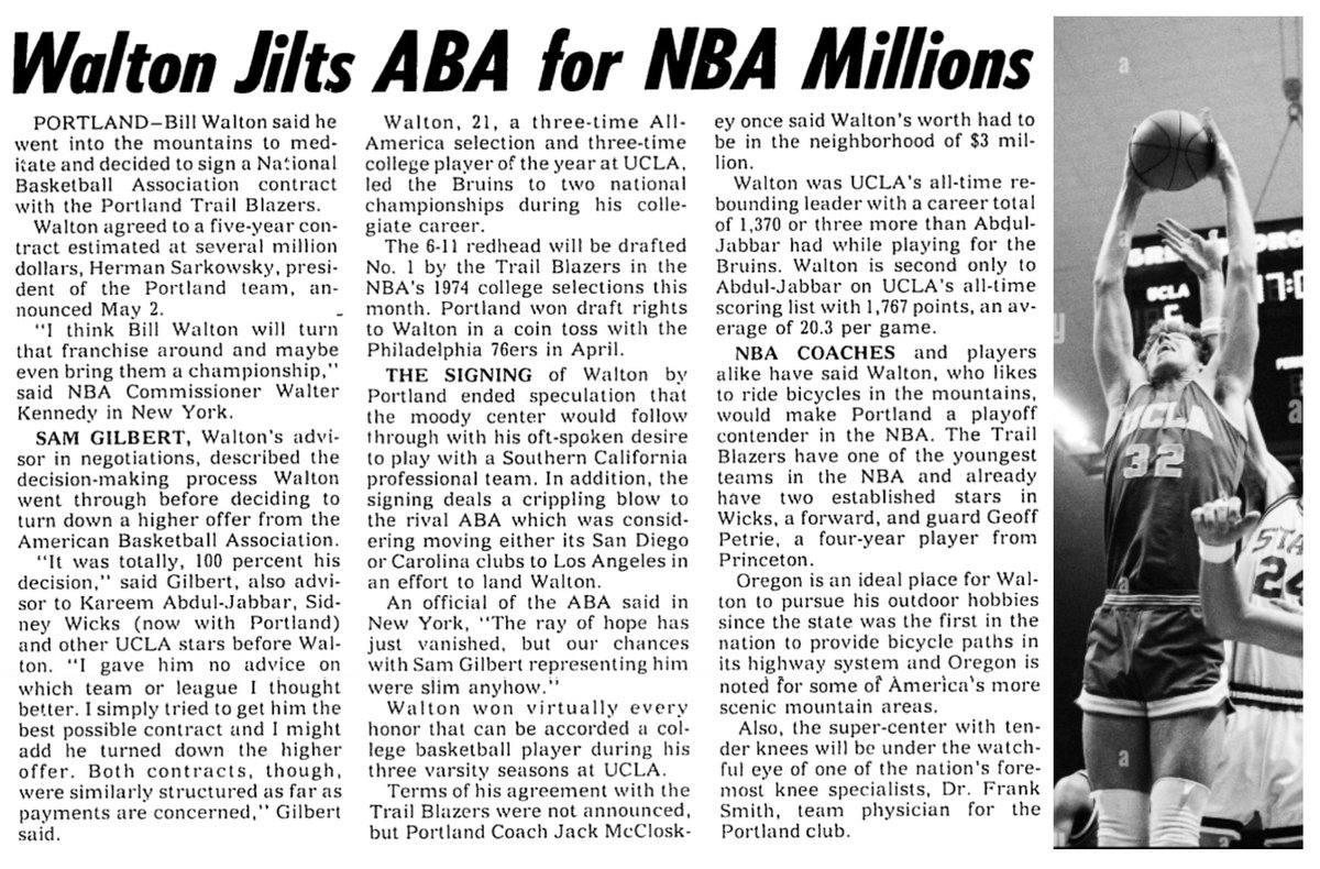77Blazers's tweet photo. May 2, 1974 - The @trailblazers announce that #BillWalton has informed the team he will sign with the #Blazers and not the with the #ABA.
Blazers team President #HermanSarkowsky made the announcement in #Portland, while team Treasurer #LarryWeinberg made the announcement in Los Angeles, adding, "The final drafts of the contract are now being prepared and Bill will sign the contracts later this afternoon (May 2nd), or early tomorrow."
Walton's agent #SamGilbert confirmed that the ABA offered more money but that Walton was swayed by #JerryWest and #SidneyWicks to join the Blazers. Gilbert also added that, "All Bill asks other than expenses is $25 a week. He's not at the height of sartorial splendor. He wants only $25 a week to live on."
The announcement ends the various rumors in which the ABA had planned in order to entice Walton to sign with the league. One rumor had the #CarolinaCougars moving to either Los Angeles or San Diego, which ever Walton preferred, and loading the roster with former @UCLAMBB players. Cougar GM #CarlScheer, while not confirming the rumor, did say that the announcement "plugs up one alternative and now we can make definite plans."
#RipCity #ThisDateinBlazersHistory #OTD