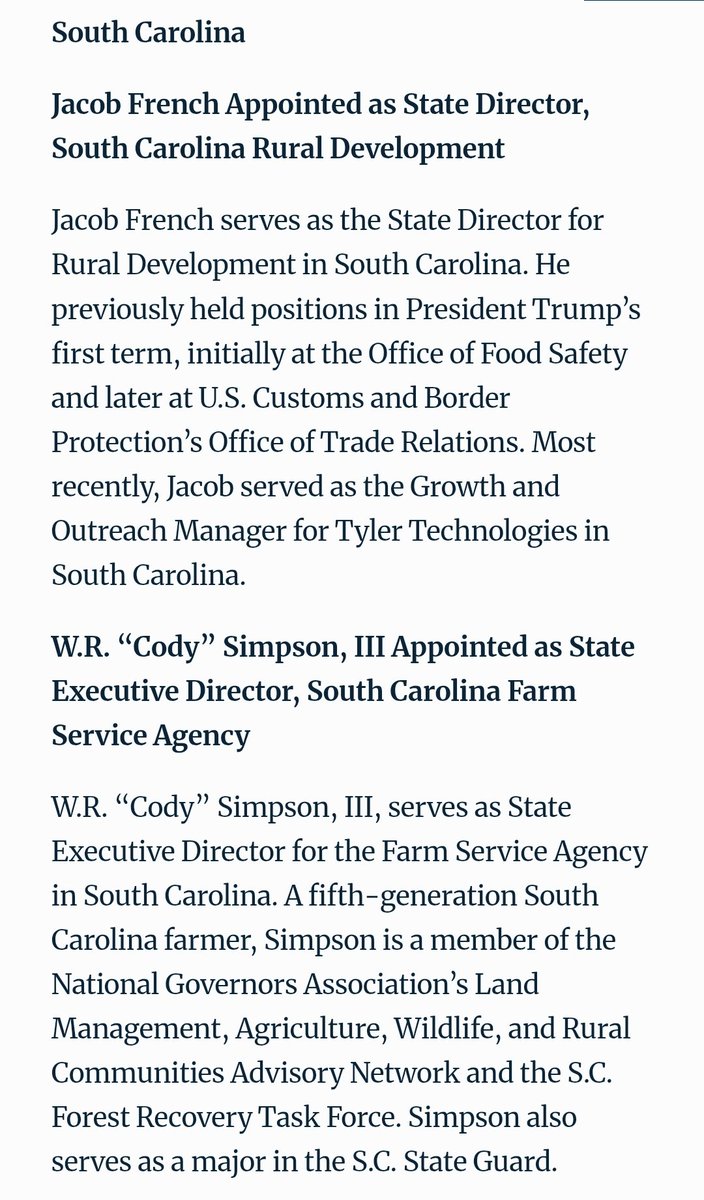 Nick Reynolds (@iamnickreynolds) on Twitter photo .<a href="/henrymcmaster/">Gov. Henry McMaster</a> adviser <a href="/wrcodysimpson3/">Cody Simpson</a> has been appointed by USDA head Brooke Rollins in a leadership role in the Fatm Service Agency.
The role covers "planning, organizing, and administering FSA programs through state offices across the country."
usda.gov/about-usda/new… .<a href="/henrymcmaster/">Gov. Henry McMaster</a> adviser <a href="/wrcodysimpson3/">Cody Simpson</a> has been appointed by USDA head Brooke Rollins in a leadership role in the Fatm Service Agency.
The role covers "planning, organizing, and administering FSA programs through state offices across the country."
usda.gov/about-usda/new…