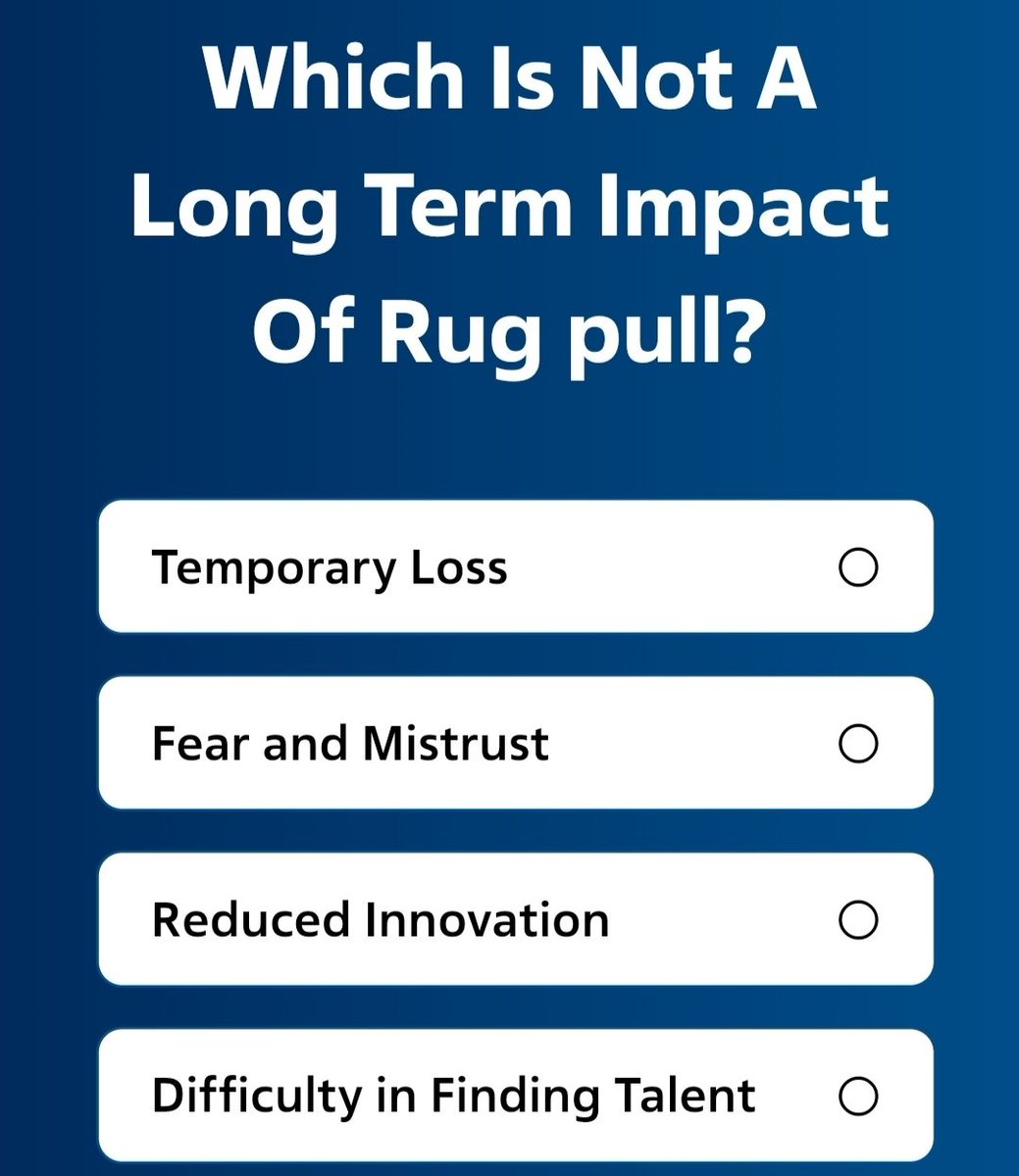 spurprotocol's tweet image. 💡 Need a clue on today's quiz?

In crypto, a rug pull refers to a scam where a cryptocurrency or NFT developer promotes a project to attract investor funding, only to shut down or disappear, taking investor assets with them.

Learn More: spurprotocol.com/post/rug-pull-…