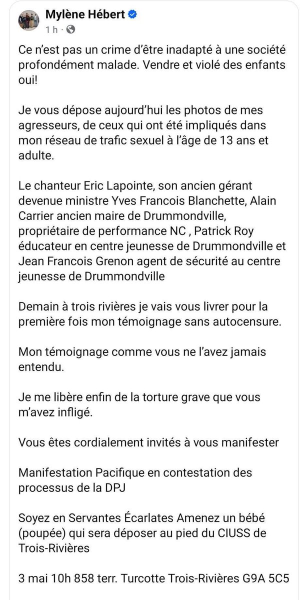 andrearthurciel's tweet photo. Connaissez-vous Mylène Hébert? 

Si vous ne la connaissez pas, la voici. Elle s’adressera à une foule demain matin dans une conférence sur la pédocriminalité, à Trois-Rivières. Vous pouvez la suivre sur le réseau social Facebook. 

Voici sa publication originale: https://t.co/oKZbDhjFdj

Le monsieur sur la photo vous dit quelque chose? 

*