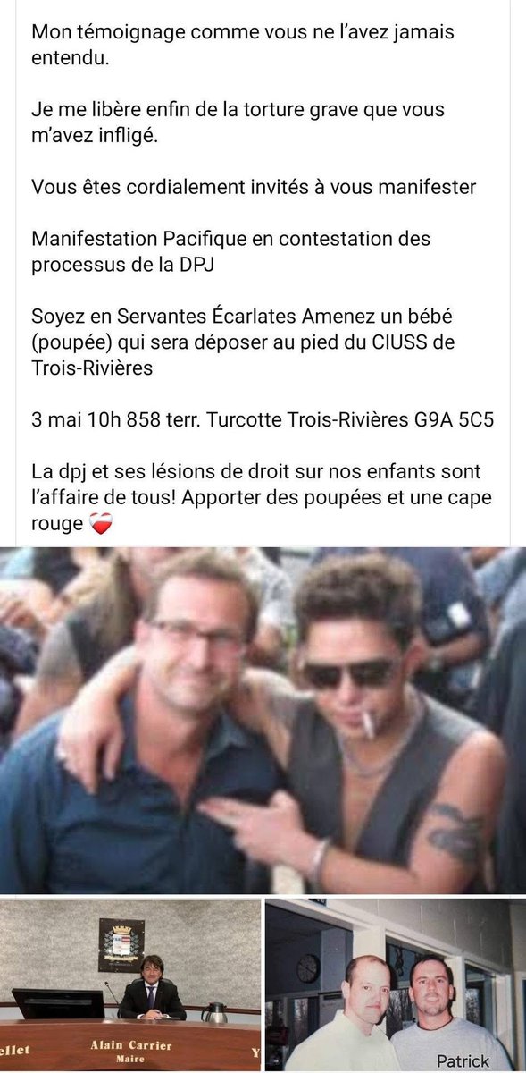 andrearthurciel's tweet photo. Connaissez-vous Mylène Hébert? 

Si vous ne la connaissez pas, la voici. Elle s’adressera à une foule demain matin dans une conférence sur la pédocriminalité, à Trois-Rivières. Vous pouvez la suivre sur le réseau social Facebook. 

Voici sa publication originale: https://t.co/oKZbDhjFdj

Le monsieur sur la photo vous dit quelque chose? 

*