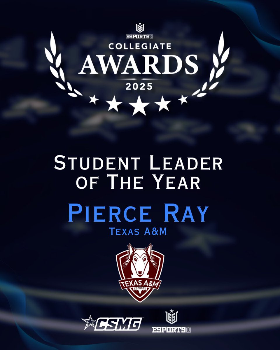 EsportsU (@esportsugaming) on Twitter photo The last EsportsU Collegiate Award of the night goes to <a href="/praytheturtle/">Pierce Ray 🐢</a> from <a href="/TAMUEsports/">Texas A&M Esports👍🎮</a> for Student Leader of the Year! #CECCTexas2025 The last EsportsU Collegiate Award of the night goes to <a href="/praytheturtle/">Pierce Ray 🐢</a> from <a href="/TAMUEsports/">Texas A&M Esports👍🎮</a> for Student Leader of the Year! #CECCTexas2025