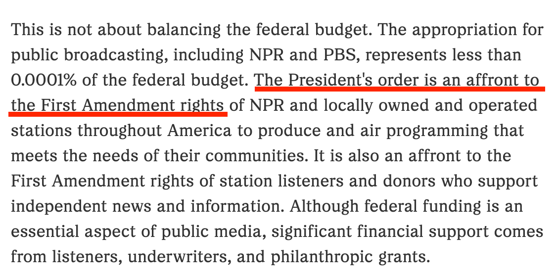 I'm confused by the NPR CEO's statement. I reread the First Amendment and didn't find any language about a permanent public subsidy for NPR. And I remember last year, when she insisted that the First Amendment was "the number one challenge" to controlling the narrative.