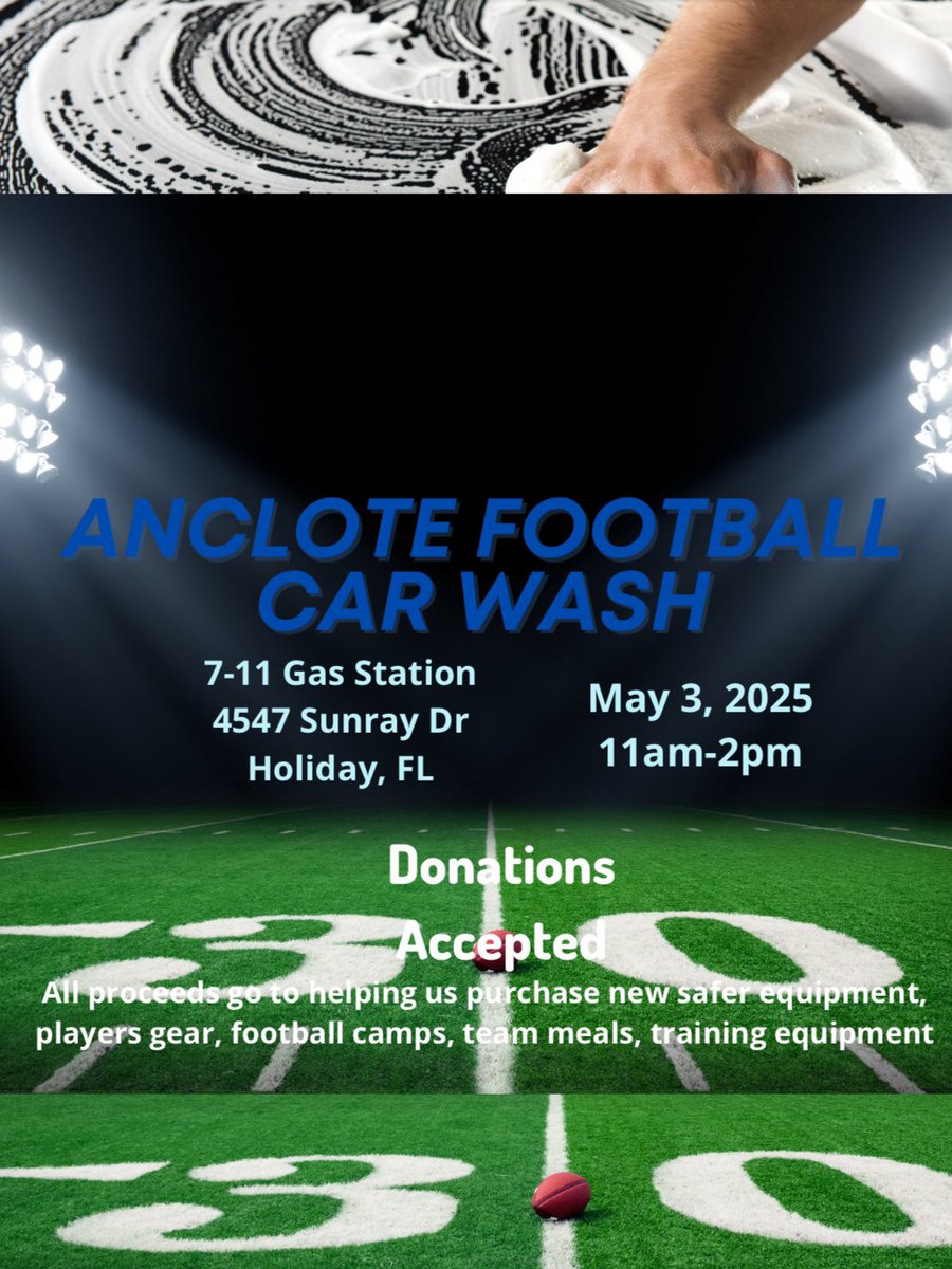 Come on out tomorrow 11a-2pm to the 7-11 on sunray in holiday next to Publix! Anclote football will be there washing cars and collecting donations to help our program continue to buy safer equipment and new gear for these young men!