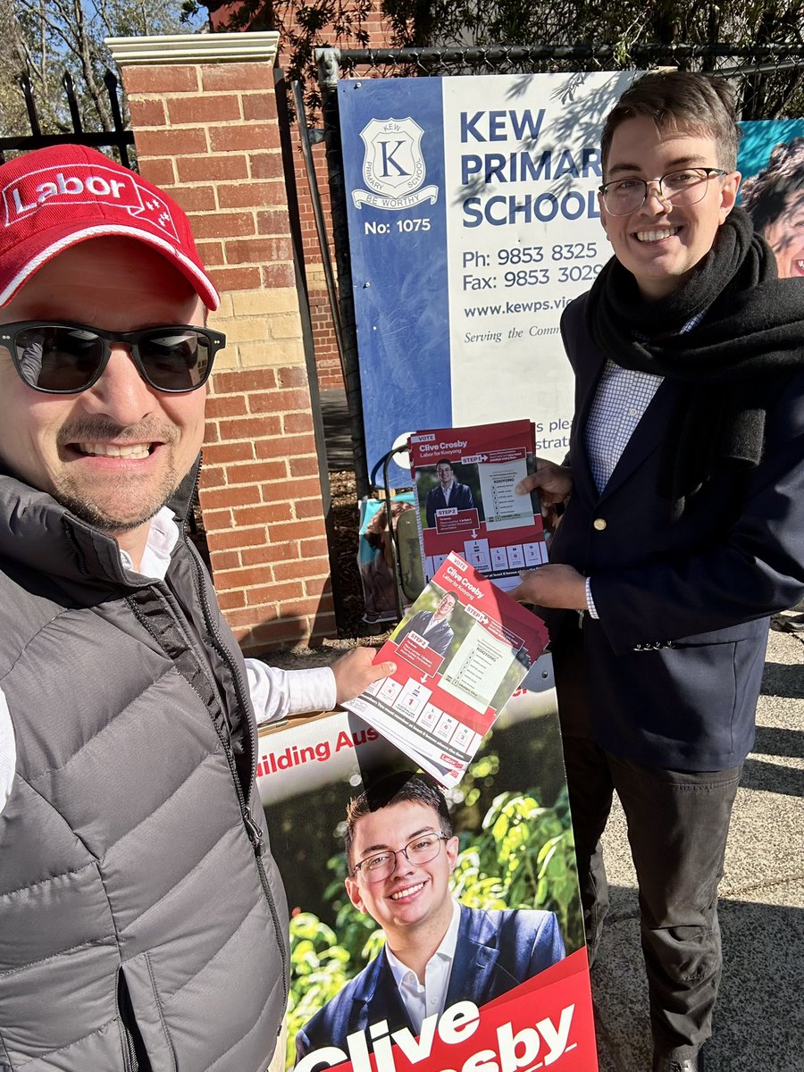 SenRaffCiccone's tweet photo. Great to start election day with Labor’s candidate for Kooyong, Clive Crosby, and to pick up a democracy sausage! 🌭 #auspol #buildingaustralia #labor @AustralianLabor https://t.co/M3aWTO6plm