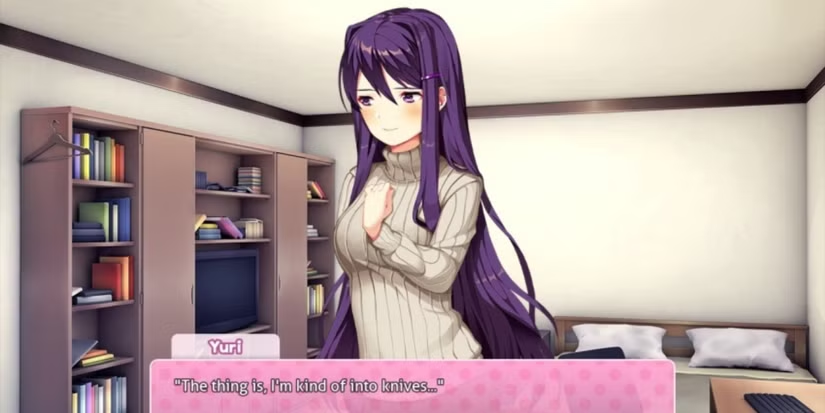 Shooolty's tweet photo. @Sonic9432 @bluekapo_art Well, even when she wasn't altered by Monika, she did have knife collection as one of her hobbies. https://t.co/e0JHqR6Gt8