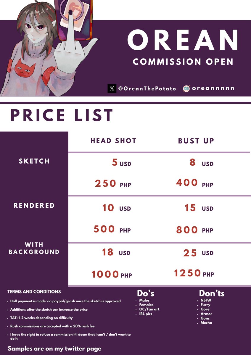 OreanThePotato's tweet photo. Good day everyone! I'll be opening commissions for the summer! 
(Do share the word please)

Here are some of the samples but most of them are on my twitter page! 

DM if anyone is interested!
#ArtCommission #artcommissions
#ocartist #art #artmoots #commissionsopen #commissionsart https://t.co/OiyWhSil8D