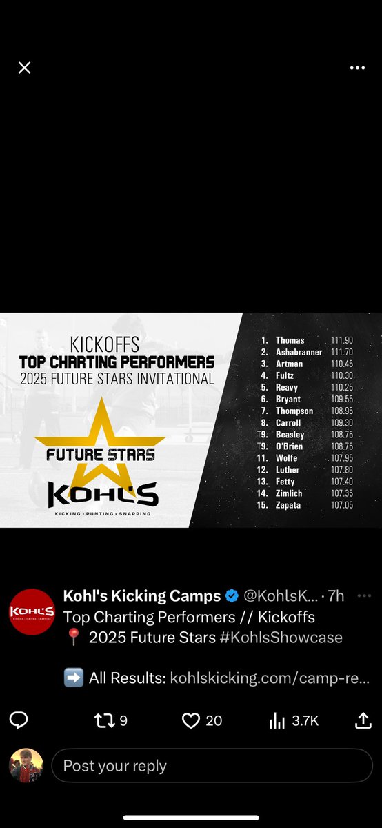 JBkicker96's tweet image. Had a big weekend on kickoffs at the @KohlsKicking Future Stars invitational this winter.
@BucsFootball @RecruitHoover @OneOnOneKicking @_Mike_McCabe @coachCEnglish @coachharrell3 @GHallford_SnC