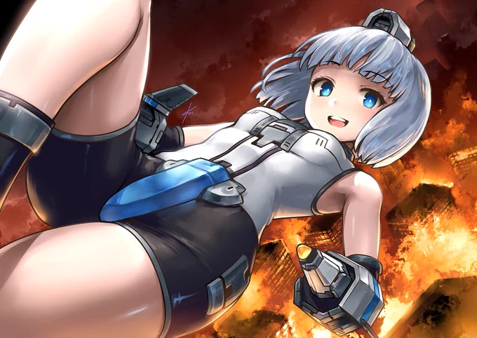 すいません嘘つきました。やっぱり擬人化のほうも描きたかったのでもう1枚、DEVIL BLADE REBOOTよりSHINYです。こっちも1面背景イメージで公式タイトル風。 ンンーKAWAIIDESIGN……
