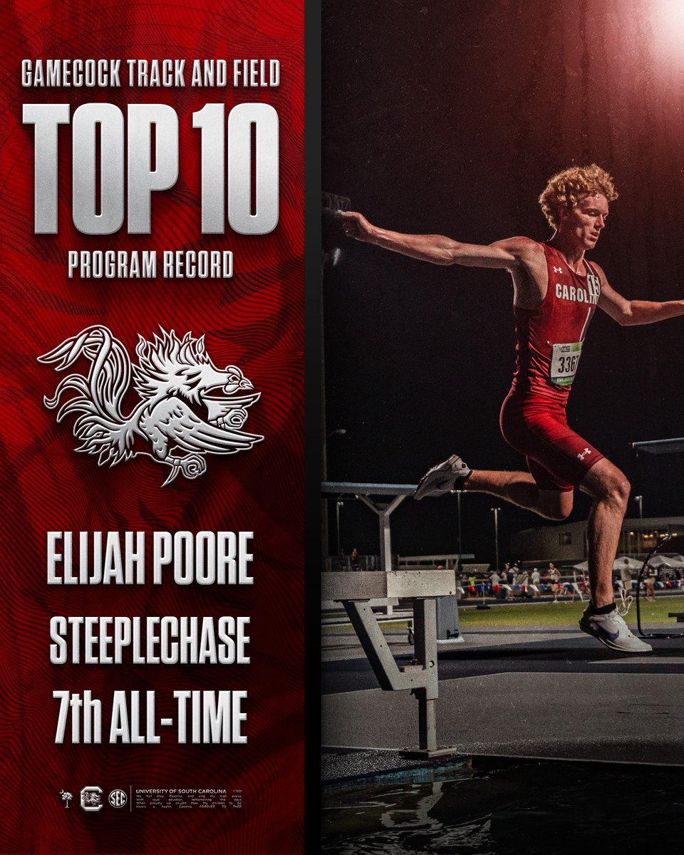 A new PR time of 9:11.27 in the steeplechase, improving on his already claimed 7th fastest time in Gamecock history 🤙