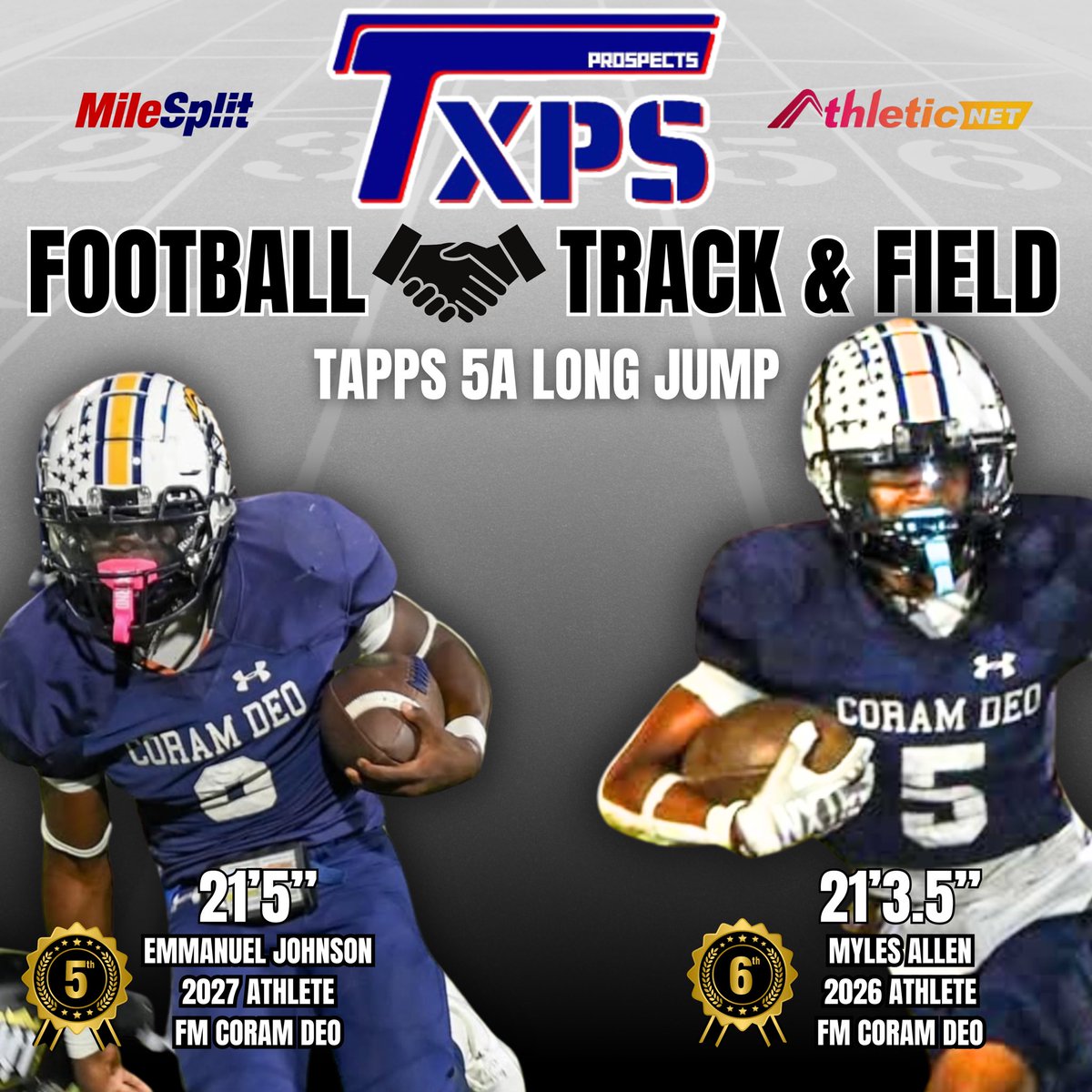 Texas Private School Football (@txprivatefbguy) on Twitter photo Track and Field 🤝 Football
Coram Deo has some athletes to keep an eye on 👀.
<a href="/E_Johnson_8/">Emmanuel (EJ) Johnson</a>
<a href="/Myles_Allen5/">Myles_Allen5</a>
#RecruitTXPSFB Track and Field 🤝 Football
Coram Deo has some athletes to keep an eye on 👀.
<a href="/E_Johnson_8/">Emmanuel (EJ) Johnson</a>
<a href="/Myles_Allen5/">Myles_Allen5</a>
#RecruitTXPSFB