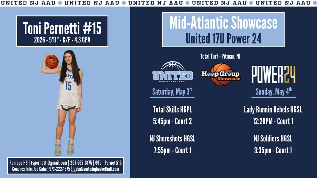 Toni Pernetti (@tonipernetti15) on Twitter photo Here is my schedule for this weekend at the <a href="/hgsl_girls/">Hoop Group Girls</a> Mid-Atlantic Showcase! Looking forward to playing with <a href="/unitedNJaau/">United NJ AAU</a>! Here is my schedule for this weekend at the <a href="/hgsl_girls/">Hoop Group Girls</a> Mid-Atlantic Showcase! Looking forward to playing with <a href="/unitedNJaau/">United NJ AAU</a>!